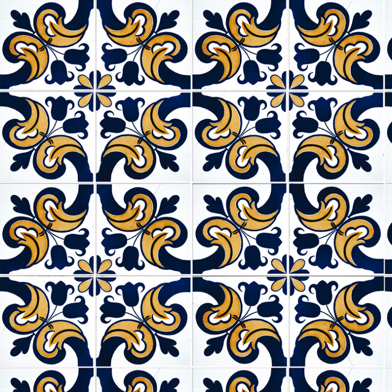 Papel De Parede Adesivo Azulejo - Azulejo Português Azul Mostarda