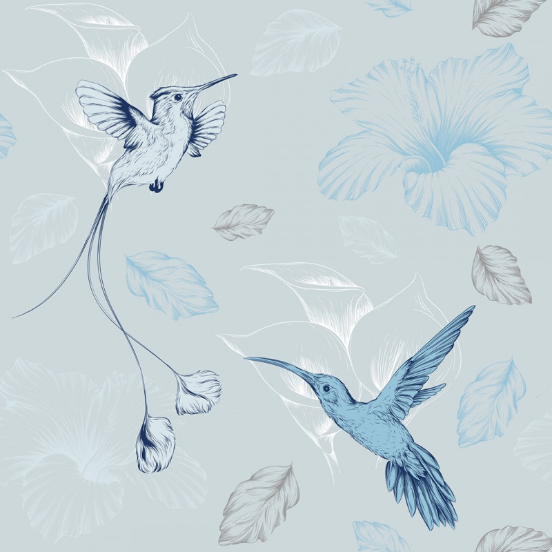 Papel De Parede Adesivo Animais - Pássaros Beija-flor Tons Azuis