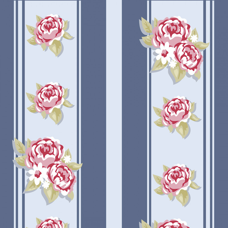 Papel De Parede Adesivo Floral - Floral Rosas Em Listras Azul Aço