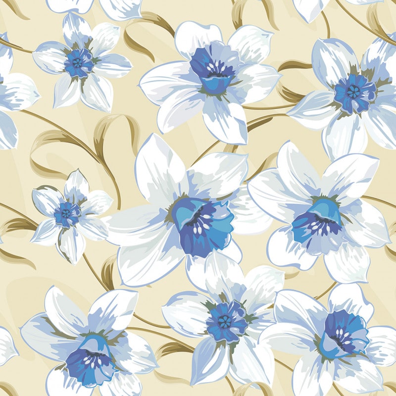 Papel De Parede Adesivo Floral - Floral Bege Flores Branca Azul