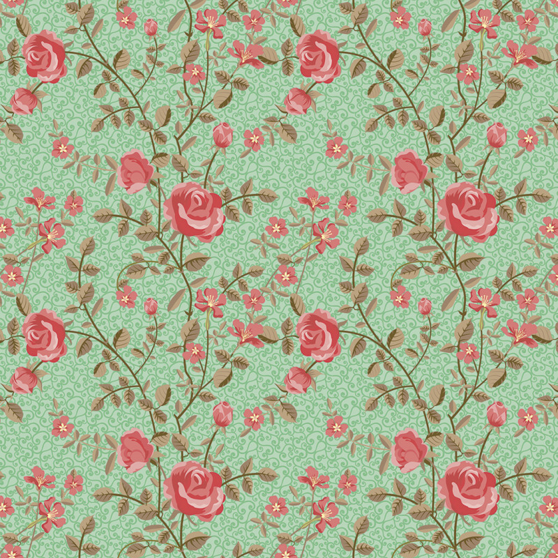 Papel De Parede Adesivo Floral - Floral Rosa Arabesco Fundo Verde