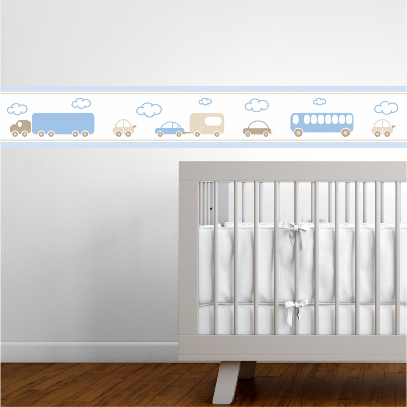 Papel De Parede Faixa Decorativa Infantil - Faixa Carros Azul E Bege